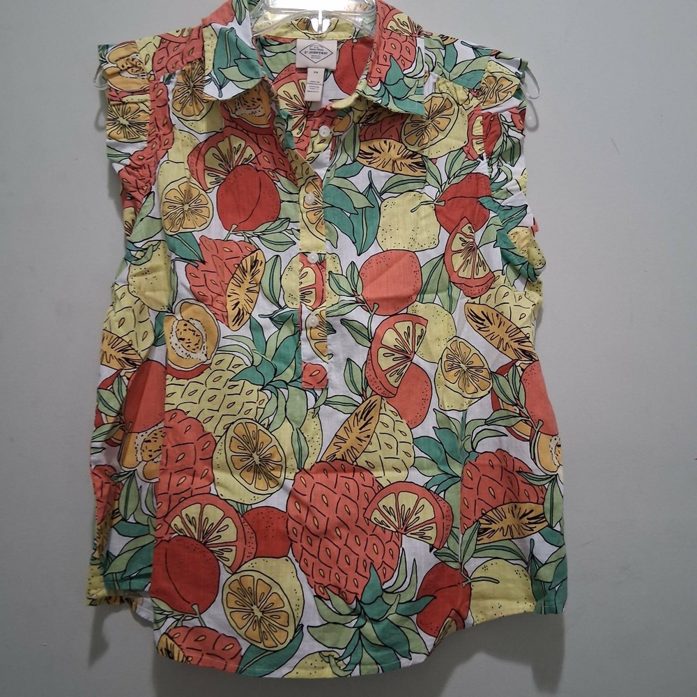 St John's Bay Womens PS Sleeveless Fruit Print Ruffle Button Up Top Multicolor